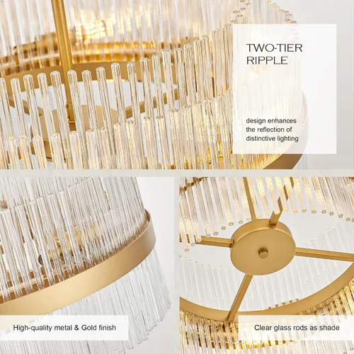 Miniatura 5 de 23.6" Lámparas de araña doradas modernas, candelabro de vidrio redondo de 2 niveles para comedor, 12 luces, lámparas colgantes para vestíbulo