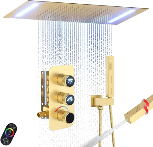 Miniatura 12 de Enga Sistema de cabezal de ducha doble, cabezal de ducha LED de lluvia de 14 x 20 pulgadas con cabezal de pared de 6 pulgadas, juego de grifo de Oro