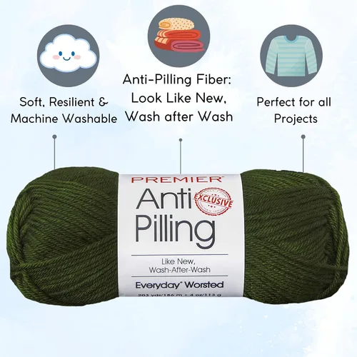 Miniatura 2 de Premier Yarns Everyday Anti-Pelusa Hilo Sólido Verde Pino DN100-8 (6-Madejas - Mismo Lote de Tinta) #4 Peso Estambre Acrílico para Tejer