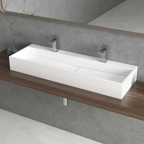 Miniatura 4 de Lavabo doble de resina de piedra para baño de montaje en pared de 47 pulgadas tipo artesa con 2 orificios para grifo (blanco brillante)