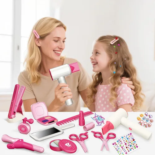 Miniatura 5 de RedCrab Juguetes de peluquería para niñas, 45 piezas de peluquería con secador de pelo, peine, joyas brillantes para el cabello, juego de peinado
