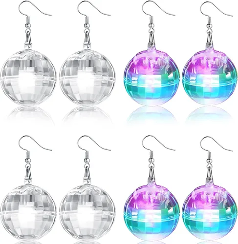 Miniatura 7 de Henoyso 4 pares de aretes de bola de discoteca iluminados, joyería con luz LED, aretes brillantes para mujeres y niñas, regalos de día de San