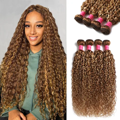 Miniatura 9 de Borchan Paquetes de Cabello Humano Ondulado Water Wave 4/27, Paquetes Rubios con Mechas, Cabello Virgen Brasileño de 14 16 18 Pulgadas, Trama