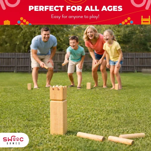 Miniatura 6 de SWOOC Games - Juego de Kubb Yard - Juego de ajedrez vikingo de madera dura premium con caja de madera - para adultos y niños - Juego de Kubb