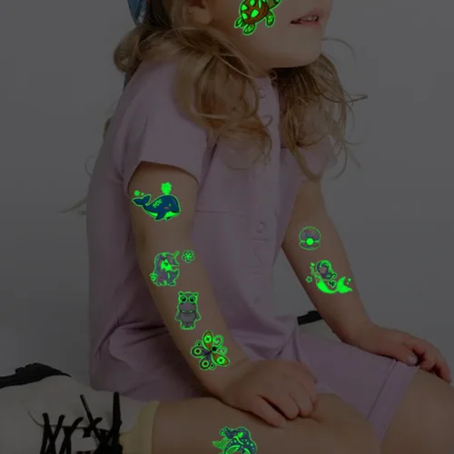 Miniatura 6 de CHARLENT 300 estilos de tatuajes que brillan en la oscuridad para niños, 36 hojas de estilos mixtos, tatuajes temporales luminosos para niños