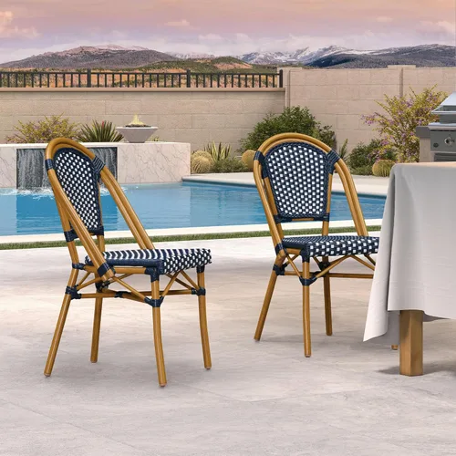 Miniatura 7 de PURPLE LEAF Juego de 1 silla de comedor al aire libre, marco de aluminio francés en acabado de bambú con ratán tejido ámbar y blanco para cocina