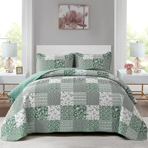 Miniatura 27 de Mybedsoul Juego de edredón bohemio beige tamaño individual, juego de colcha floral a cuadros de 3 piezas, juego de ropa de cama reversible
