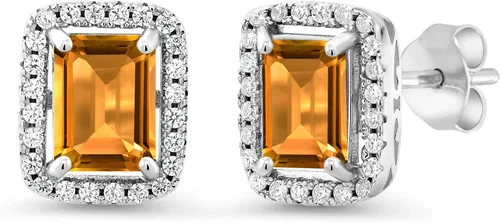 Miniatura 54 de Gem Stone King Aretes de plata de ley 925 con piedra natal Corte esmeralda de 0.315 x 0.236 in Aretes de halo para mujer