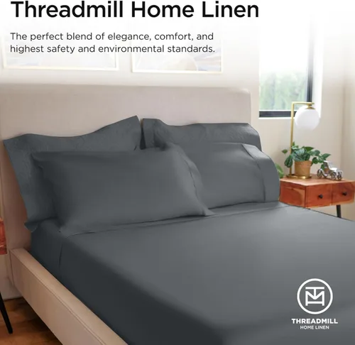 Miniatura 7 de Threadmill Sábanas de tamaño individual, 100 % algodón, 600 hilos, 3 piezas, diseño de damasco, rayas, gris oscuro, sábanas de algodón peinado
