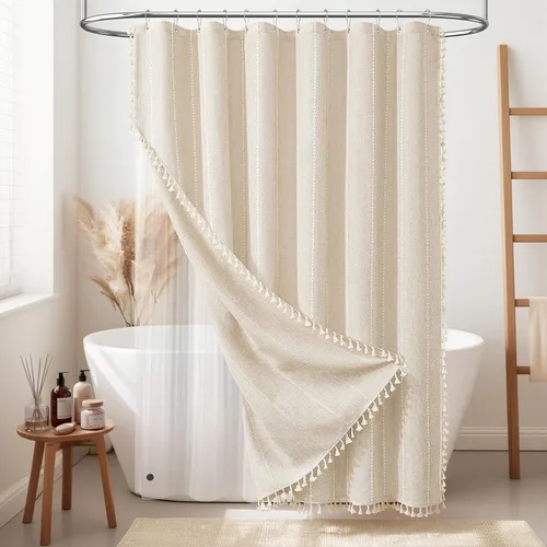 Miniatura 10 de BTTN - Cortina de ducha bohemia para cubículo de 36x72 - Juego de cortina de lino estrecha ultra gruesa con rayas y borlas, con 6 ganchos, cortinas