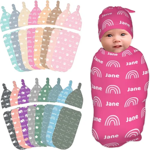 Mantas personalizadas para bebé recién nacido, gorro con diadema para bebé, niña y niño con nombre, icono personalizado y fuentes, saco de envolver