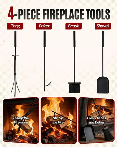 Miniatura 2 de Breeze Touch Estante de leña de 29 pulgadas con 4 herramientas para chimenea, soporte de troncos resistente de 5 piezas para chimenea