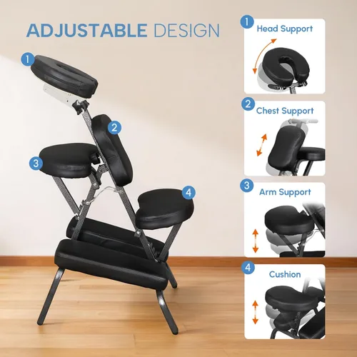 Miniatura 3 de ZENY Silla de masaje portátil, silla de terapia de spa de tatuaje, ajustable, negro, cuero PU, aluminio, estilo moderno, 58.72cmde largo x 45.72cmde