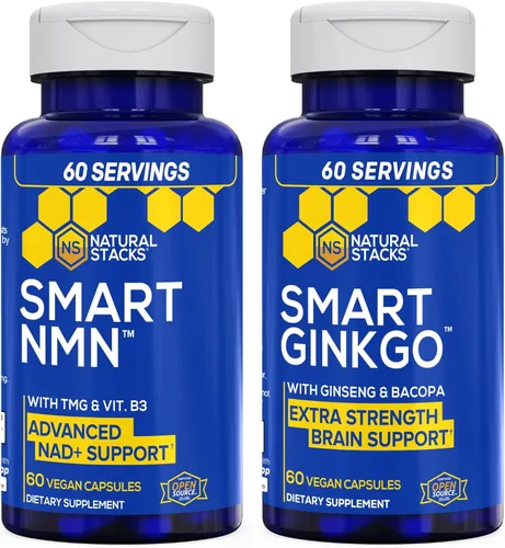 NATURAL STACKS Paquete de suplemento Smart Ginkgo Biloba y Smart NMN - Soporte cerebral extra fuerte y apoyo NAD+* - 120 cápsulas totales