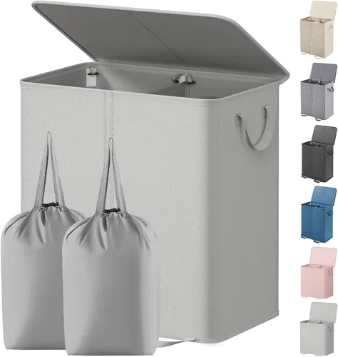 Miniatura 24 de Lifewit Cesta de lavandería doble con tapa y bolsas de lavandería extraíbles, gran plegable, 2 divisores, cesta de ropa sucia con asas para Negro