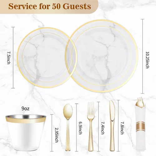 Miniatura 4 de BESTVIP - Juego de vajilla de plástico dorado transparente de 350 piezas para 50 invitados, plato desechable para fiestas de Navidad y Año Nuevo