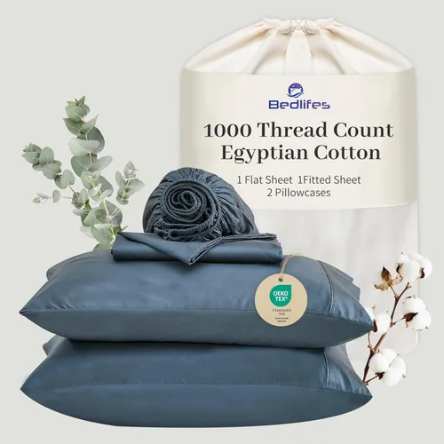 Miniatura 27 de Bedlifes Sábanas de algodón egipcio de 1000 hilos, tamaño Queen, 4 piezas con bolsillo profundo de 16 pulgadas, ropa de cama ultrasuave refrescante