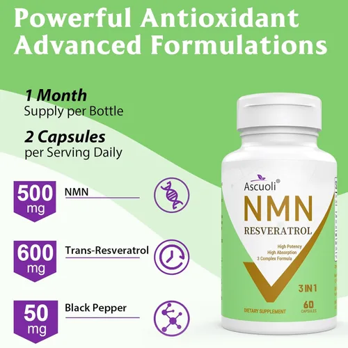 Miniatura 5 de 99% Ultra Pureza NMN 500 mg + Trans-Resveratrol 600 mg, 1150 mg NMN Resveratrol Suplemento, Fórmula Avanzada 3 en 1 para Boost* NAD, Célula, Inmune
