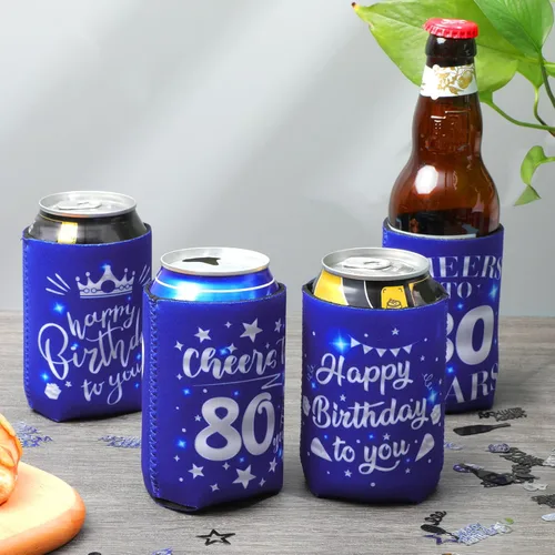 Miniatura 4 de Decoración de manga enfriadora de latas de cumpleaños número 80, 12 unidades, recuerdos de fiesta de 80 para hombres y mujeres, suministros de Azul