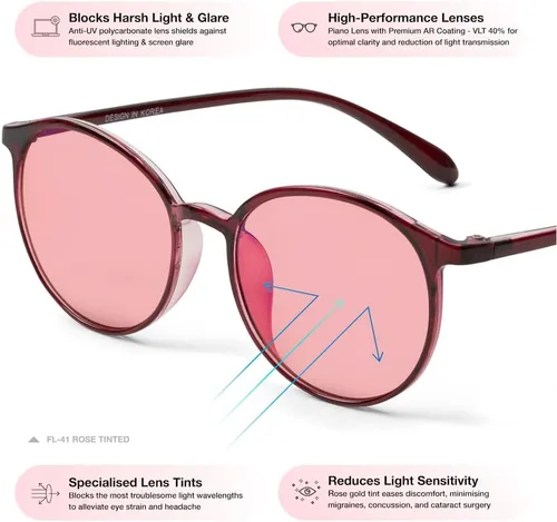 Miniatura 5 de BRADDEL Indoor FL-41 Rosa & Outdoor FL-60 Marrón Gafas de Migraña para Sensibilidad a la Luz Fluorescente, LED, Deslumbramiento, Fotofobia y Uso