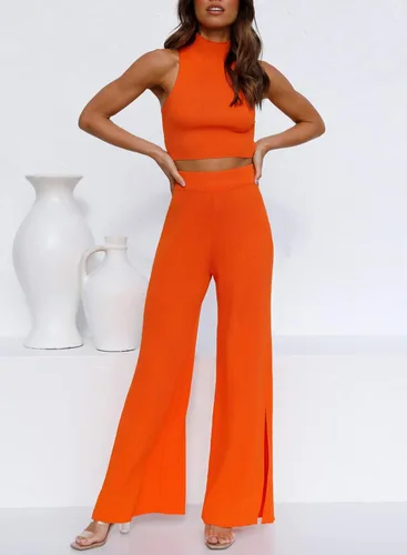Miniatura 2 de ARTFREE Conjunto de 2 piezas para mujer, ropa de calle, pantalones palazzo de pierna ancha de punto acanalado y tops recortados