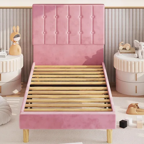 Miniatura 5 de LIKIMIO Base de cama tamaño individual, plataforma tapizada de terciopelo con cabecero y listones de madera fuertes, no necesita somier, sin ruido