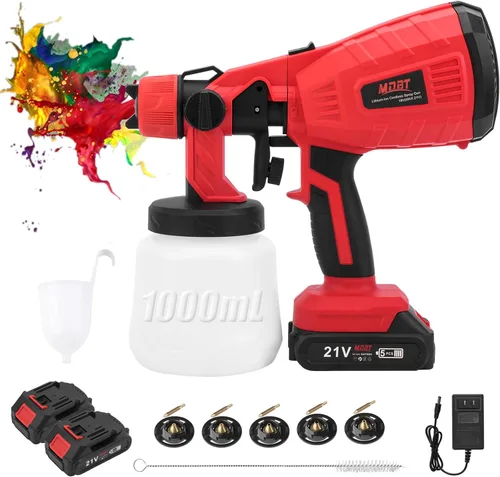 Pistola de pintura en aerosol inalámbrica, pulverizador de pintura sin aire con 2 baterías de 1500 mAh, fácil de limpiar, 5 boquillas, pulverizador