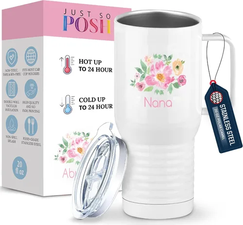 Miniatura 16 de Just So Posh Abuela Flowers Tumbler, Vaso de Café de Viaje con Asa y Tapa Deslizante, Blanco 20 oz Polar Camel, Acero Inoxidable, Aislado al Vacío