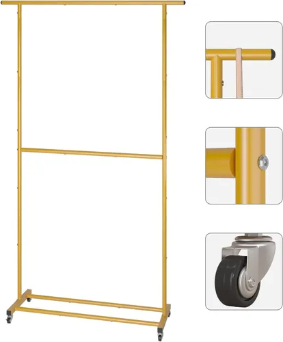 Miniatura 5 de Sywhitta Estante de ropa de doble barra, organizador de ropa con ruedas para colgar ropa, fácil de montar, ajustable, dorado