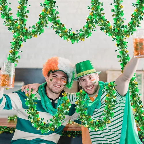 Miniatura 7 de Guirnalda decorativa de 33 pies para el día de San Patricio, guirnalda de oropel con sombrero de trébol verde dorado, guirnalda metálica brillante
