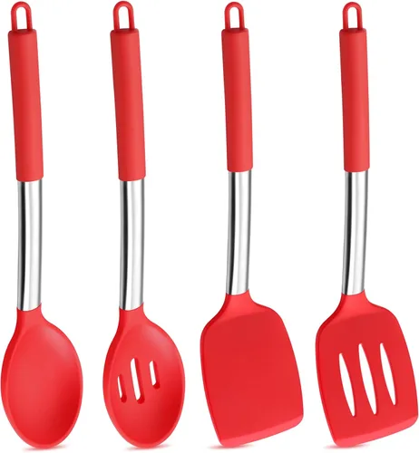 Miniatura 9 de P&P CHEF Juego de 4 utensilios de cocina de color caqui, espátulas sólidas de silicona, cucharas ranuradas para utensilios de cocina antiadherentes