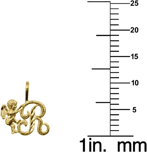 Miniatura 2 de Colgante de oro amarillo de 14k con letra inicial cursiva y querubín