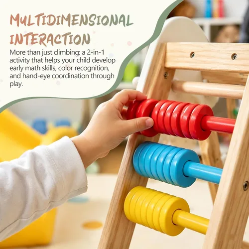 Miniatura 5 de KEIKI 9-in-1 Foldable Wooden Kids Climbing Frame with Slide Swing Monkey Bars Rock Wall Abacus, Indoor Outdoor Playground Set, Montessori Play Gym