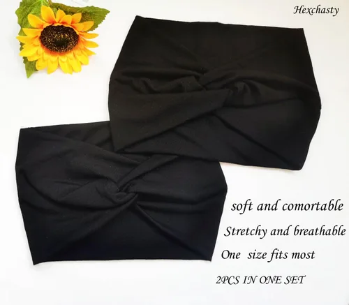 Miniatura 7 de Hexchasty 2 diademas tipo turbante para mujer, gruesas, a la moda, bohemias, elásticas, bonitas, extra anchas, grandes, de tela anudada, de tela