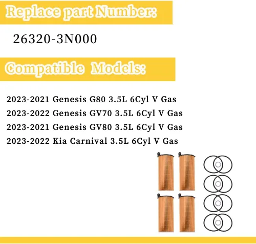 Miniatura 2 de Filtros de aceite con juntas tóricas y juntas de tapón de drenaje 26320-3N000 Compatibles con Genesis G80 GV80 3.5L 2021-2023/GV70 3.5L