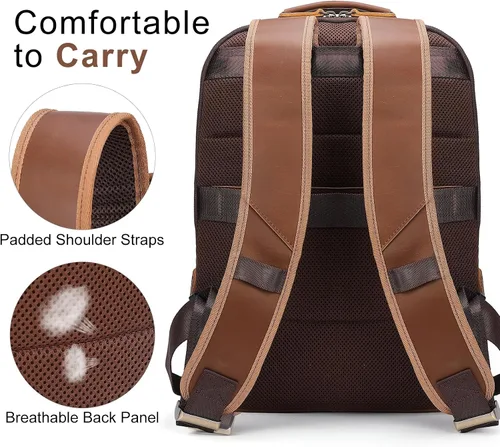 Miniatura 8 de TIDING Mochila de cuero para hombre para laptop de 16 pulgadas y 15.6 pulgadas, bolsa de trabajo vintage de viaje de negocios, mochila grande