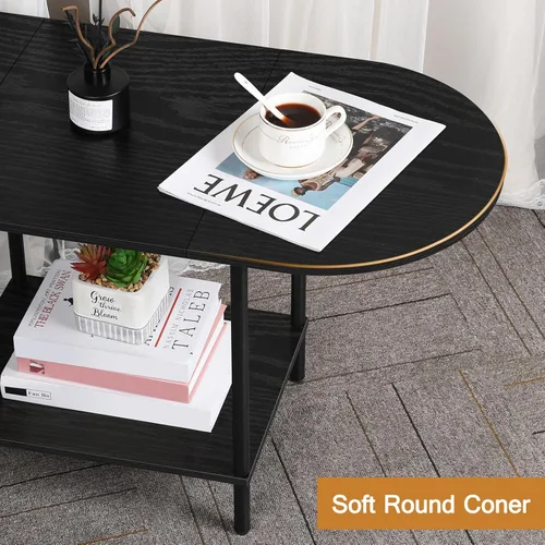 Miniatura 4 de OYEAL Mesa de Café Negra para Sala de Estar, Mesa Central Pequeña de 2 Niveles Ovalada, Mesa de Té Redonda de Granja de Media Siglo con Estante