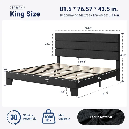 Miniatura 2 de Allewie - Base de cama tamaño King con cabecera tapizada en tela y soporte de listones de madera, base de colchón completamente tapizada; no Gris