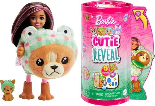 Muñeca Barbie Cutie Reveal Chelsea y accesorios, disfraz de peluche de animal y 6 sorpresas que incluyen cambio de color, cachorro como rana