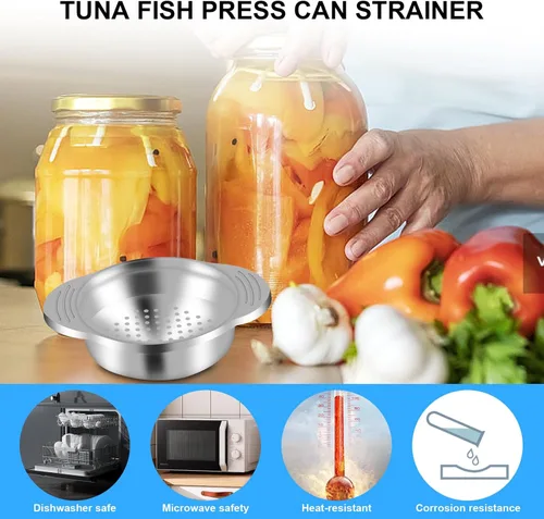 Miniatura 5 de Colador de latas de atún de metal de 2 piezas, colador de prensa de grado alimenticio de acero inoxidable para conservas de pescado, frijoles