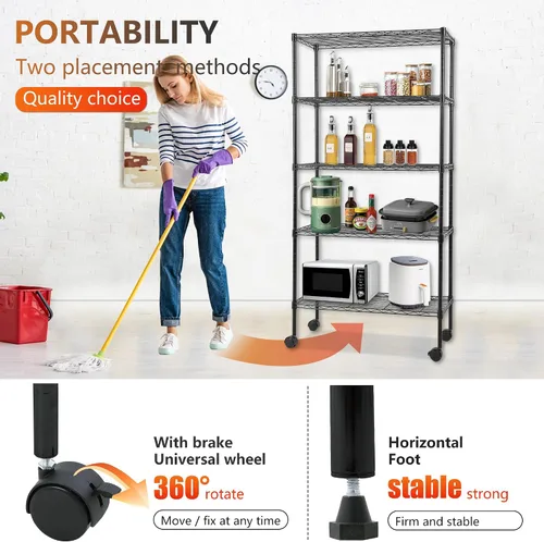 Miniatura 7 de FDW Estante de metal ajustable de 5 niveles con ruedas, capacidad de 250 libras, fácil montaje, ideal para espacios pequeños Negro