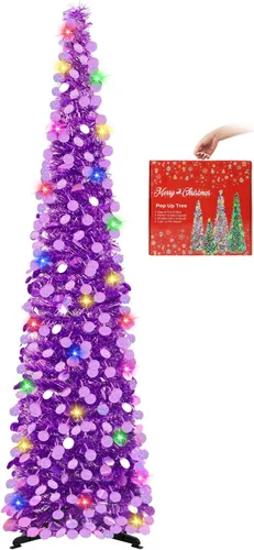 Miniatura 18 de MACTING Árbol de Navidad desplegable con 50 luces LED con temporizador, 5 pies, árbol de lápiz de oropel plegable de fácil montaje, árbol artificial