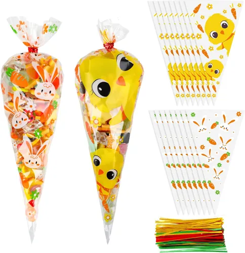 SULOLI 100 bolsas de celofán con cono de Pascua, bolsas de golosinas triangulares de 6.7 x 11.8 pulgadas con 120 lazos giratorios, 3 colores