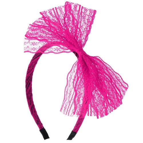 Miniatura 15 de SUMERSHA Diadema de lazo de encaje neón para mujer, disfraz de los años 80, accesorio para el cabello para fiesta temática de los años 80, aro
