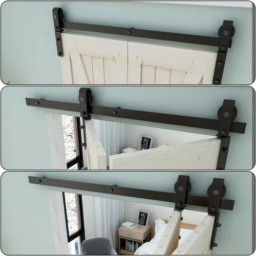 Miniatura 6 de Kit de herrajes para puerta corrediza de granero de 34 pulgadas, resistente, rodillo de montaje en pared, para puertas plegables dobles de 16