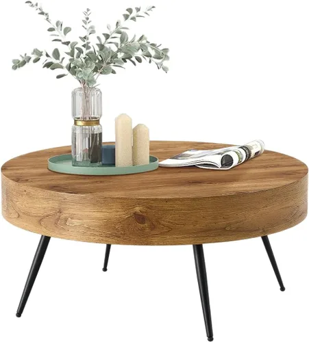 LKTART Mesa de centro para sala de estar, mesas de centro redondas de madera con almacenamiento, mesa de té moderna de centro de metal para Marrón