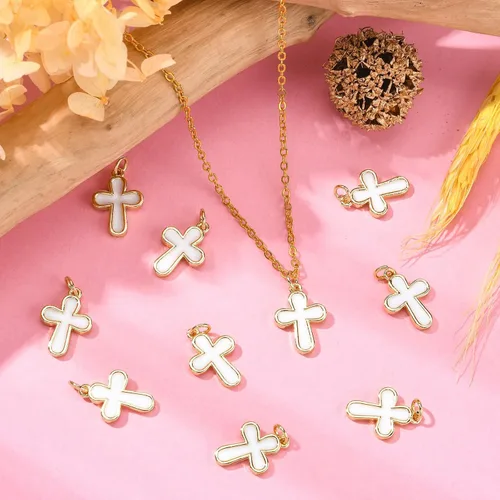 Miniatura 6 de LiQunSweet 20 dijes chapados en oro con cruz esmaltada blanca para hacer joyas Colgantes blancos de cruz