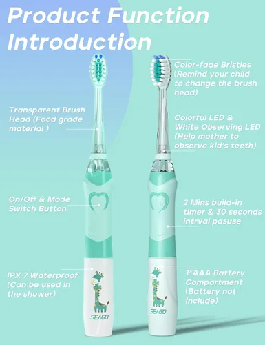 Miniatura 5 de Cepillo de dientes eléctrico infantil, suave, con batería, con temporizador inteligente, resistente al agua, reemplazable, limpieza a fondo
