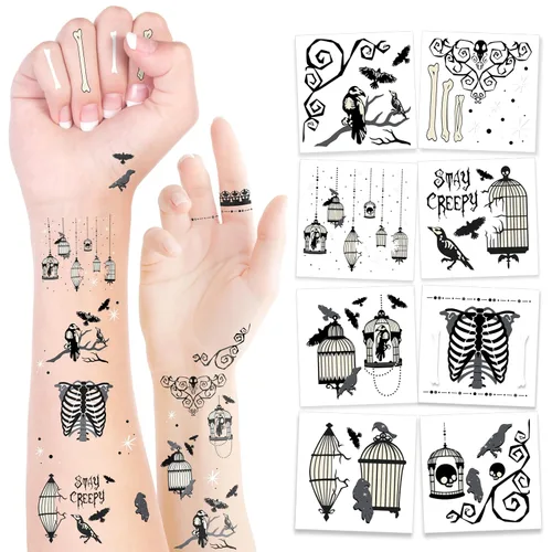 Miniatura 8 de Cheerland Tatuajes de Halloween, esqueleto, tatuajes temporales, negro y blanco, gótico, recuerdos de fiesta de cumpleaños, tatuajes de temperatura