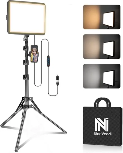 Miniatura 10 de Paquete de 2 luces LED de video, luz NiceVeedi Studio, kit de iluminación regulable de 2800-6500K para fotografía con soporte de trípode y soporte